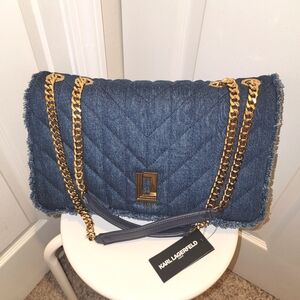 Karl Lagerfeld NWT Denim Blue and Gold Quilted Shoulder Bag